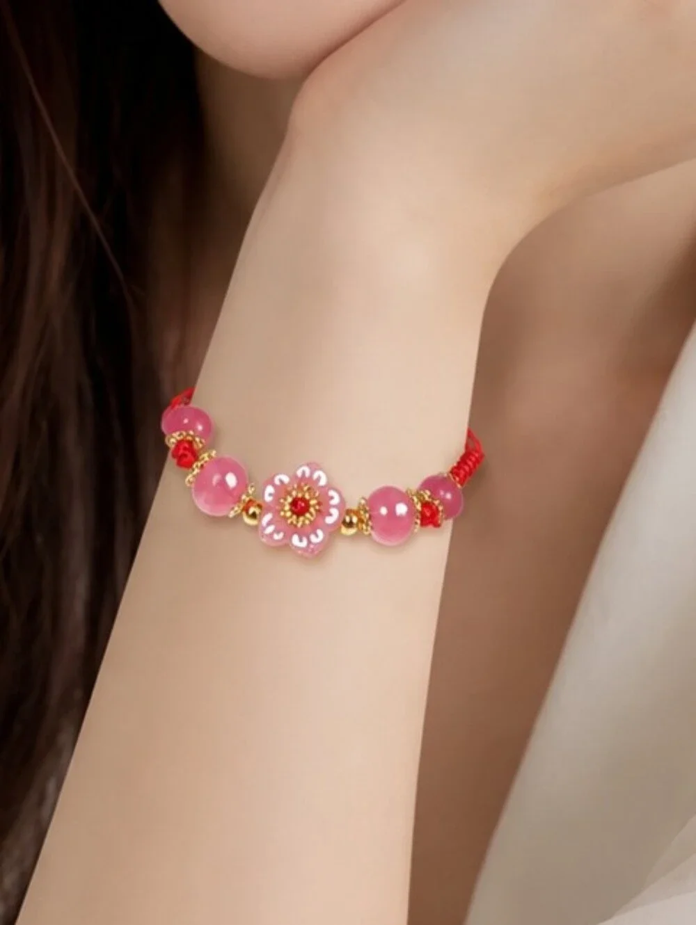 Lucky Red String Flower Bracelet Pink Beaded Adjustable Friendship Gift Feminine